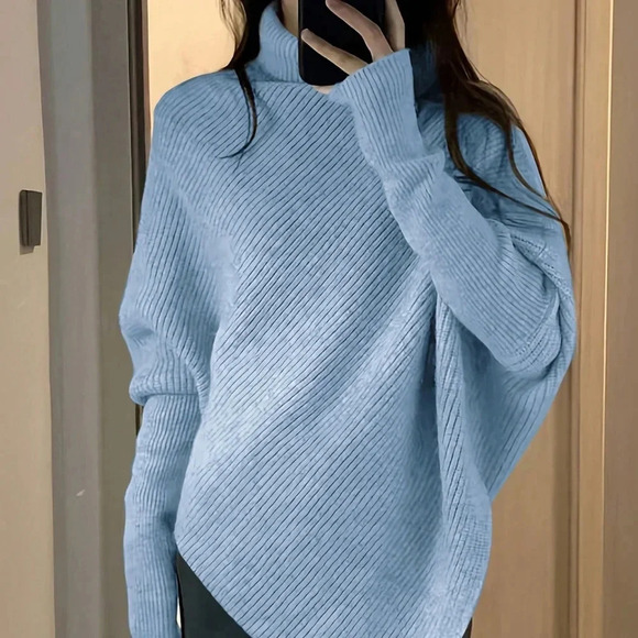 Solid Color High Neck Batwing Sleeve Sweater - Picture 1 of 6